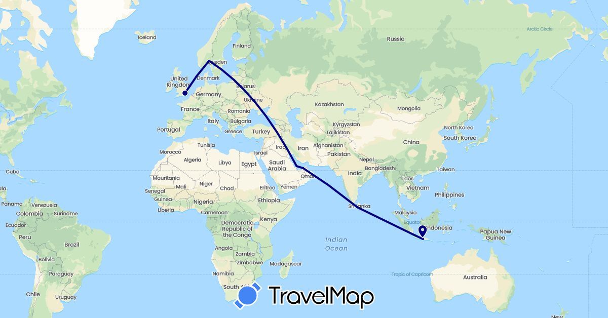 TravelMap itinerary: driving in United Arab Emirates, United Kingdom, Indonesia, Sri Lanka, Norway, Qatar (Asia, Europe)